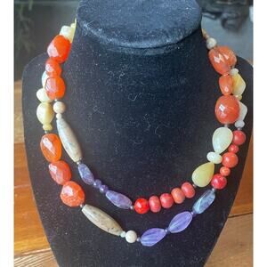Barse 925, 2-Strand Multi-Stone Amethyst and Carnelian Agate Necklace 16-17.5 in